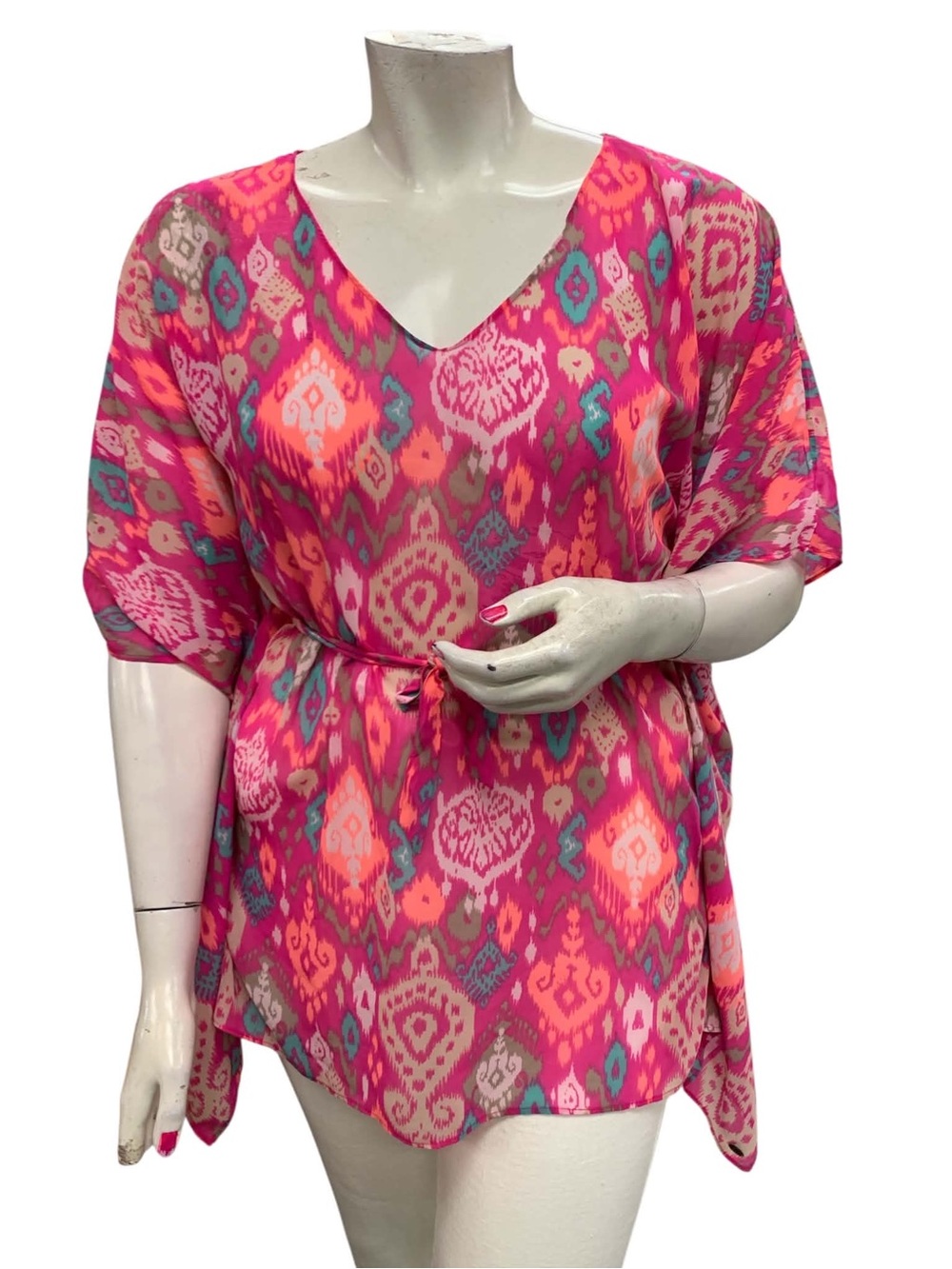 O'Neill Hot Pink Ikat V-Neck Tunic with Self-Tie Waist Size S